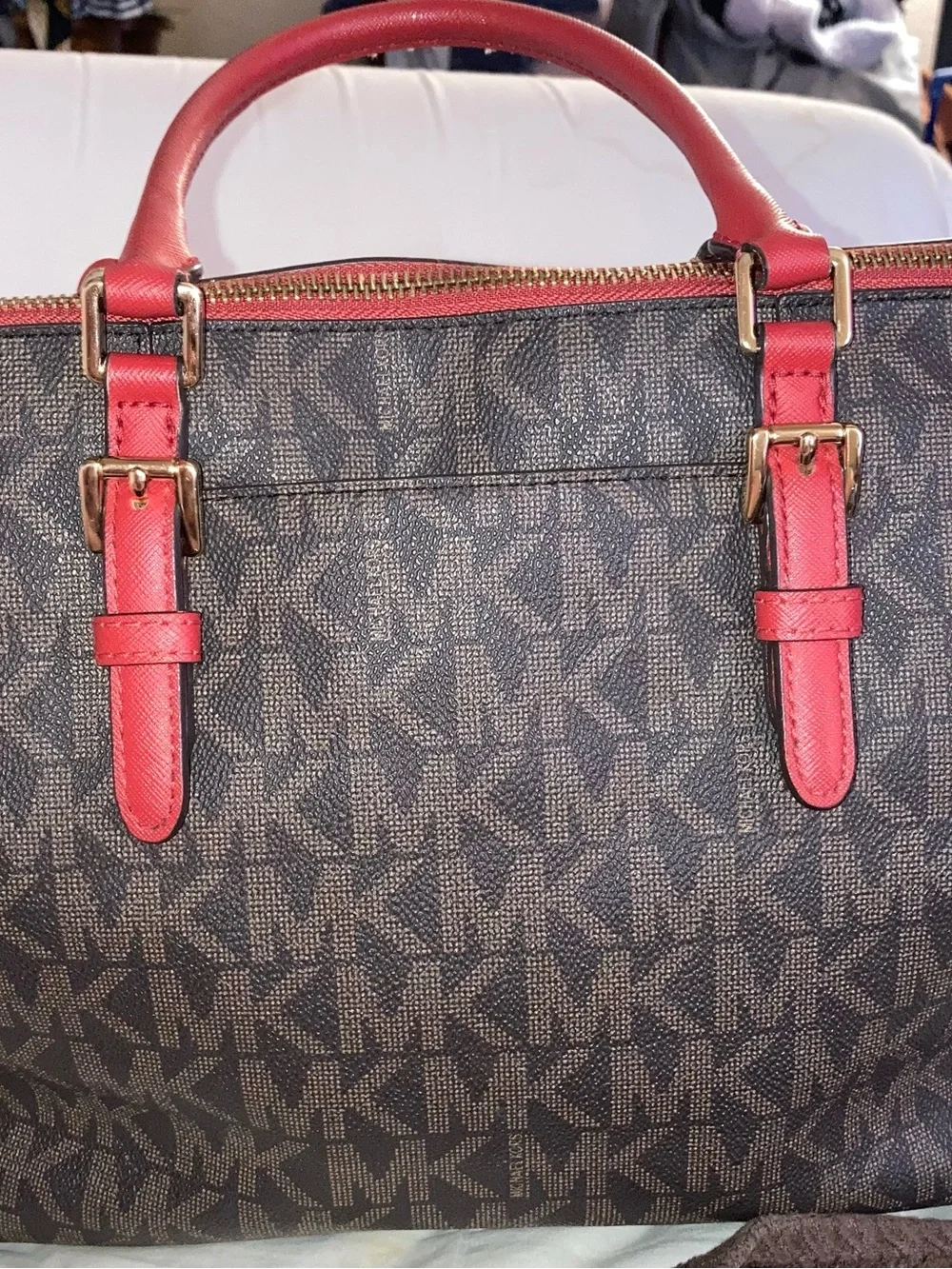 Michael Kors Brown Logo Satchel with Pink-Red Trim